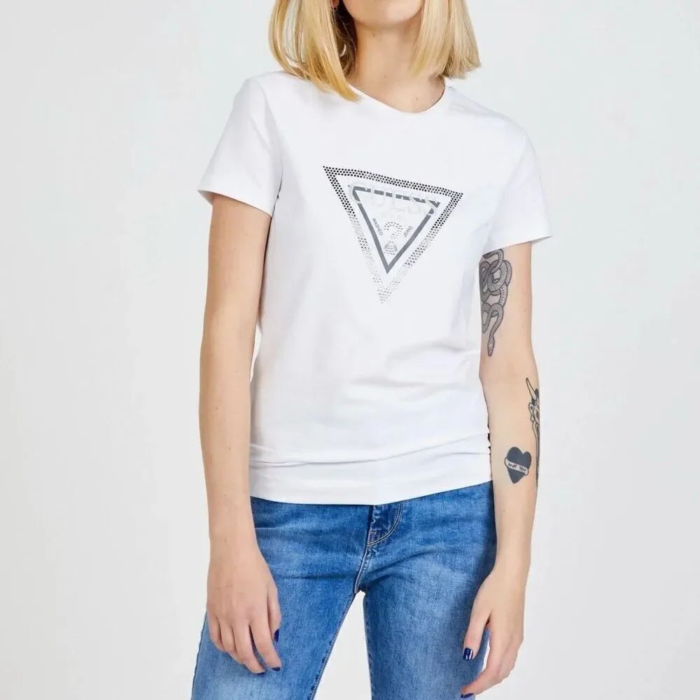 NWOT GUESS Women's White Short Sleeve Crew Neck Amalur Blingy Logo T-Shirt
